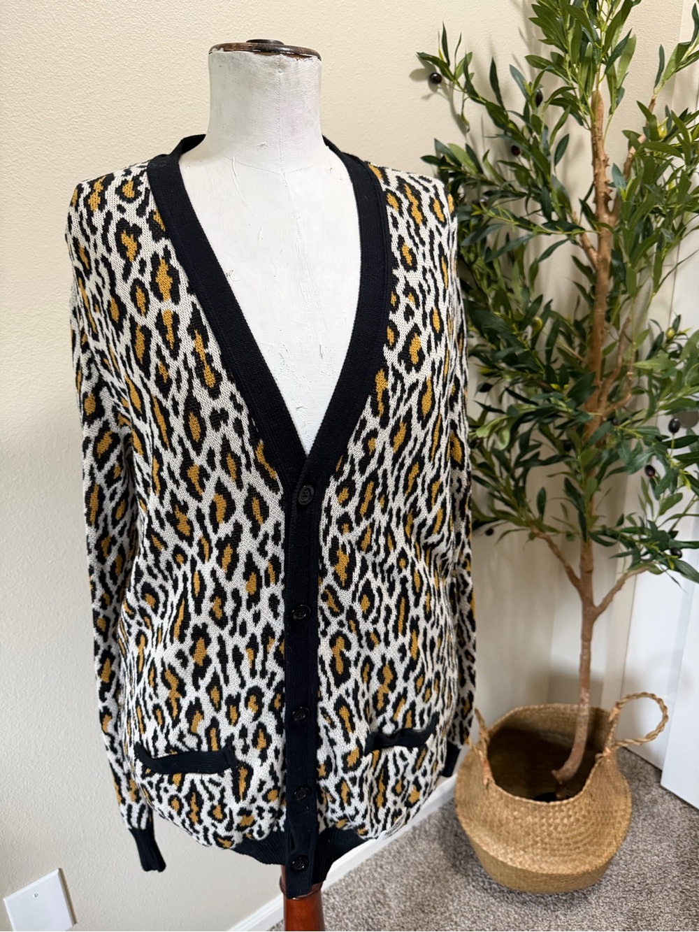Designer leopard Print Button Cardigan in Black, White & Mustard